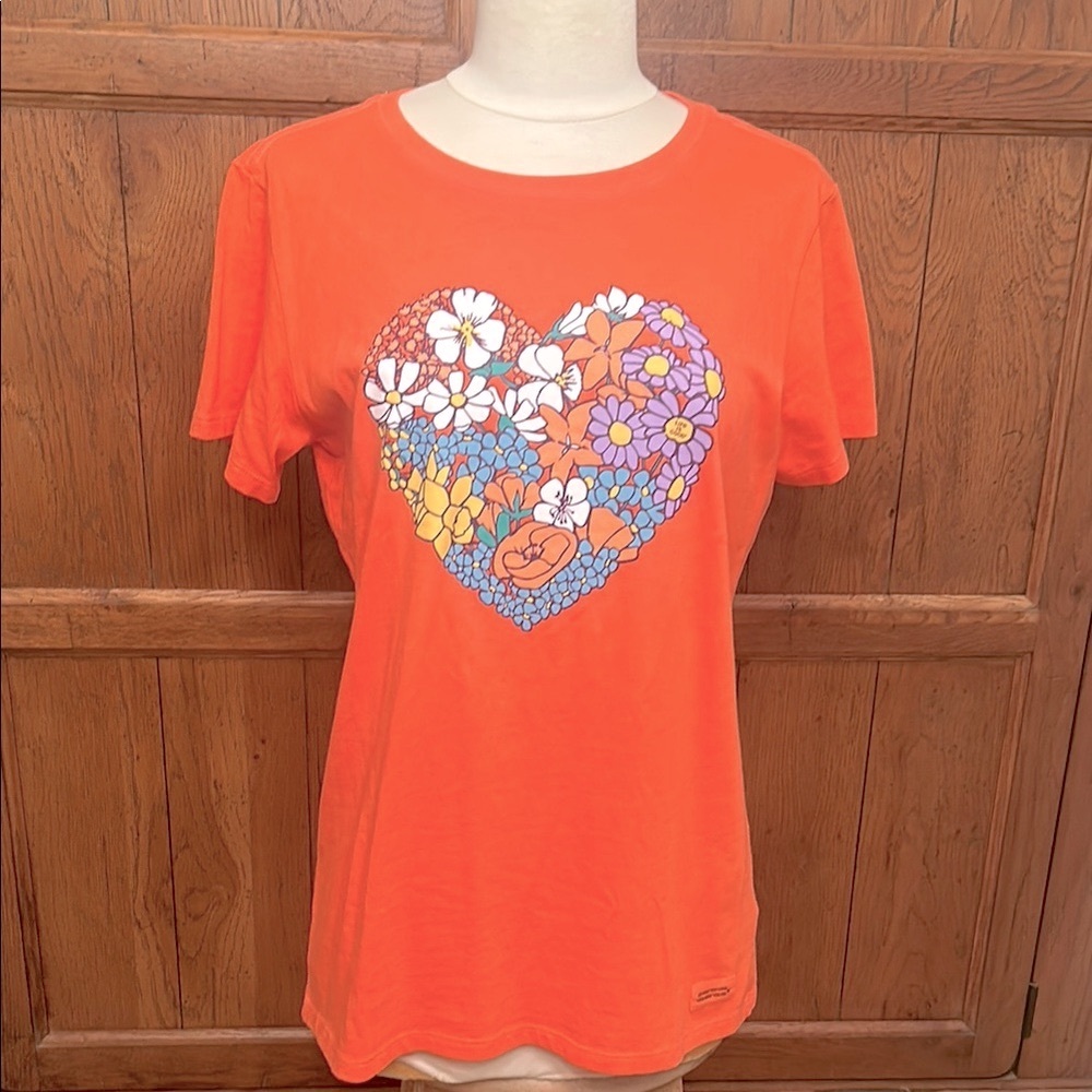 LIFE IS GOOD🌼NWT Orangey CORAL Floral Heart Graphic Crusher Tee